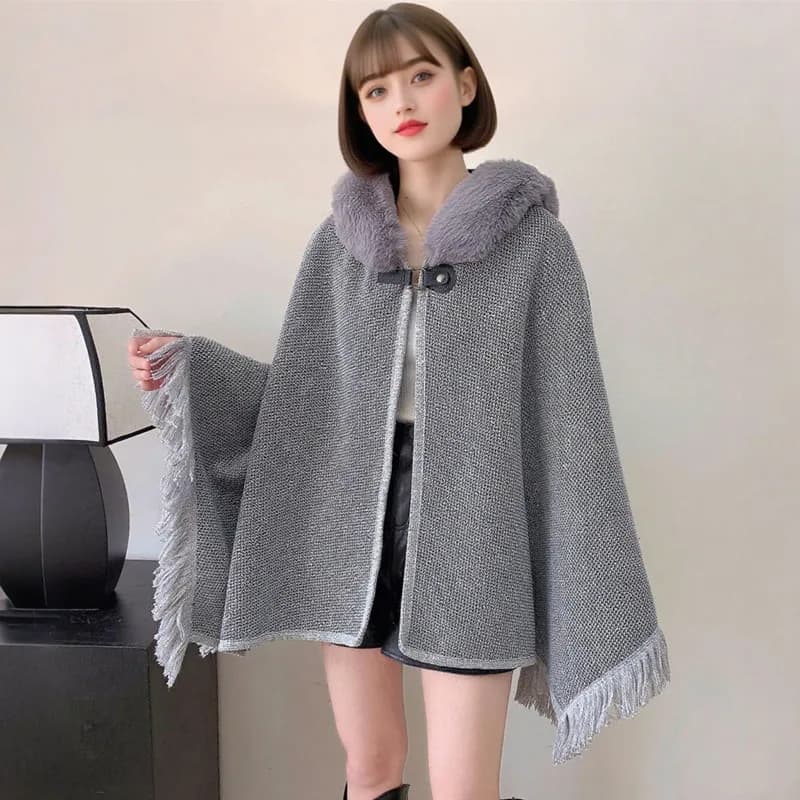 Autunno Inverno Mantello Nappe da donna Scialle con cappuccio Cappotto Mantello allentato Collo in pelliccia di coniglio finto Capispalla in pile Casual Streetwear