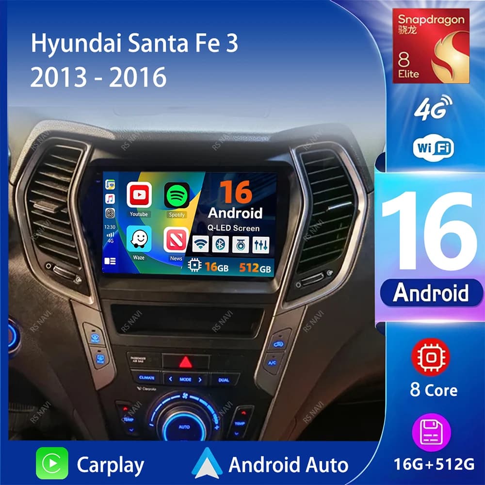 Autoradio Android 16 con Carplay, Schermo 2K, Lettore Multimediale per Hyundai Santa Fe 3 2013-2016, GPS, Stereo