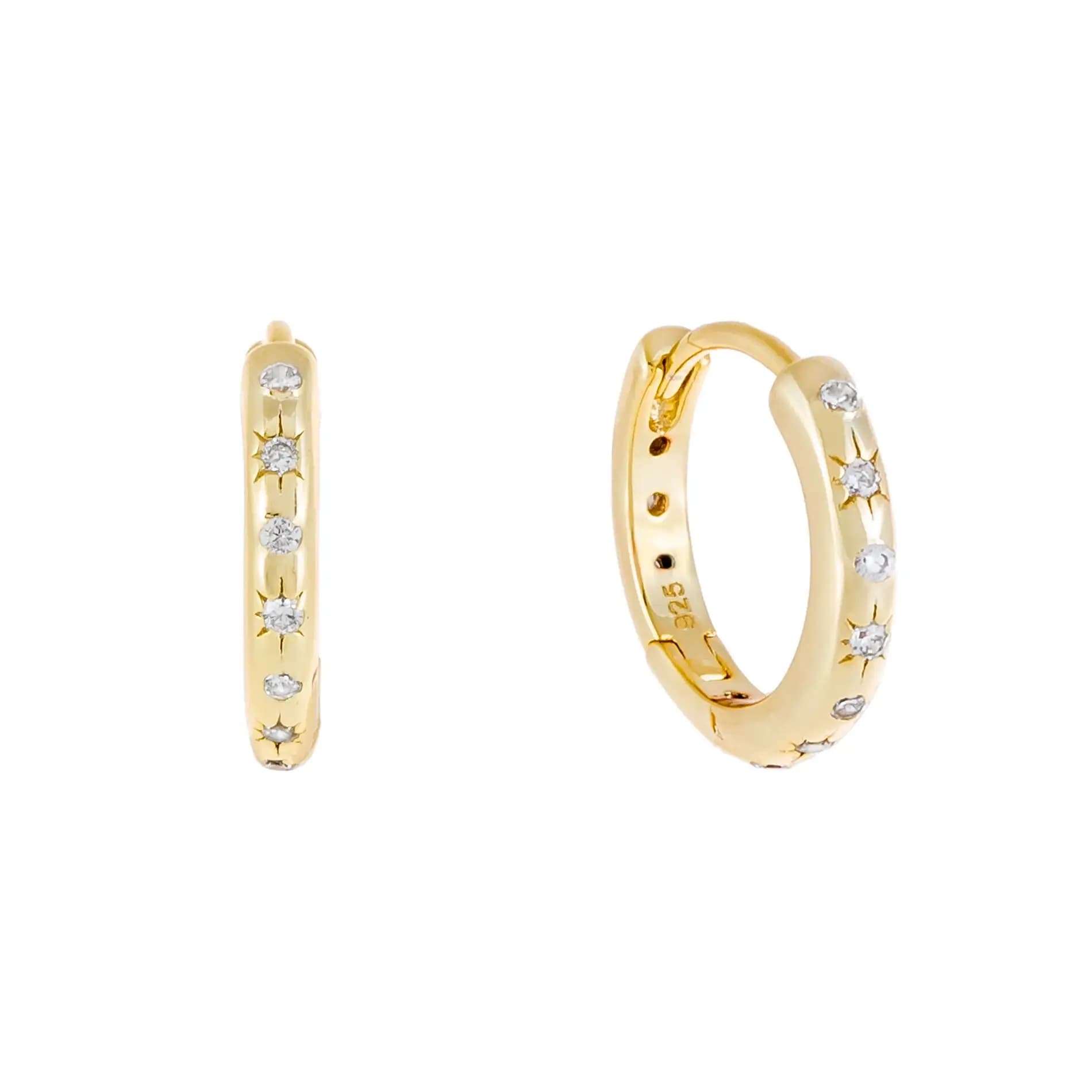 starlight starburst signet Gold color Huggie hoop earring Sparking clear cz minimal classic women girl hoops