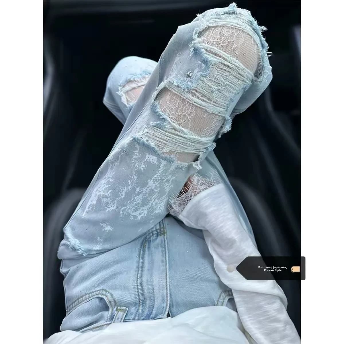 Light Blue Lace Hole Wide Leg Pants Women Summer Thin New Small Size Draping Floor Length Casual High Waist Denim Jeans