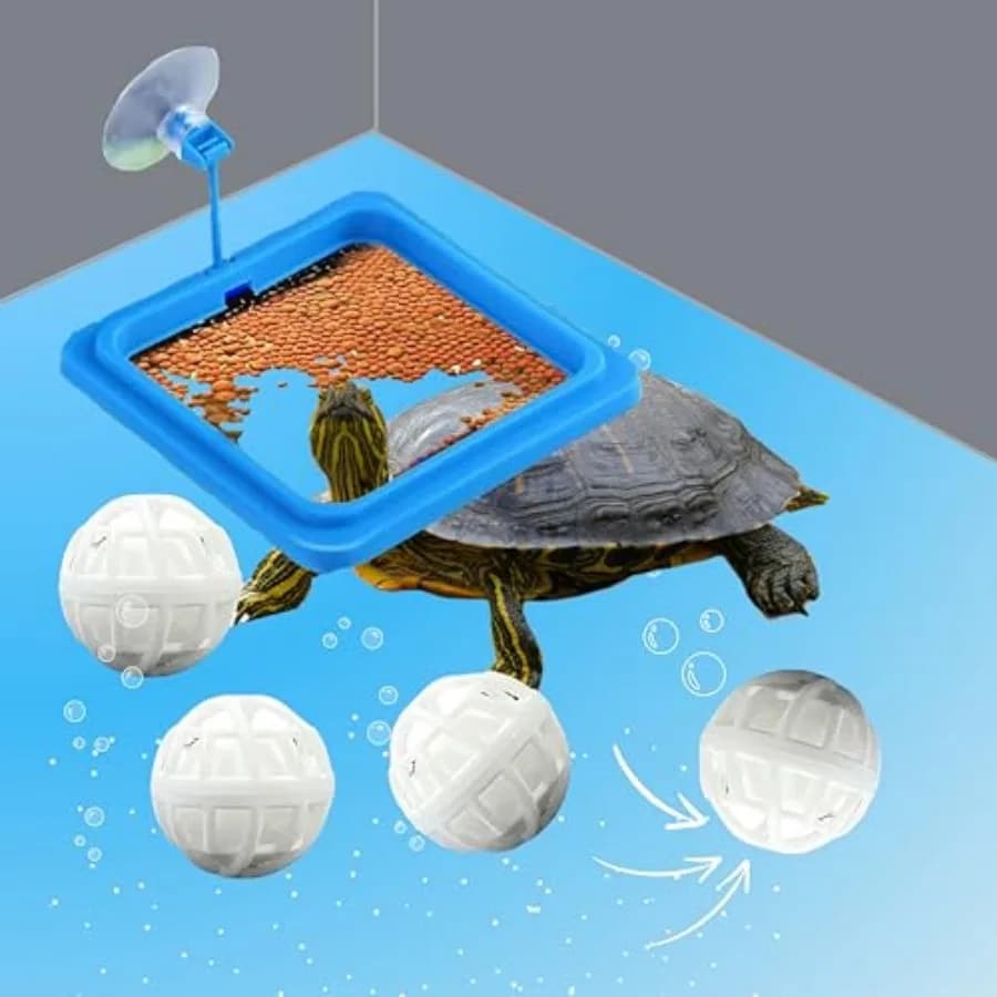 Anello Quadrato per Alimentazione Tartarughe con Ventosa e Set di 4 Palline Nitrificanti, Porta Cibo per Pesci e Giocattoli Acquatici per Tartarughe