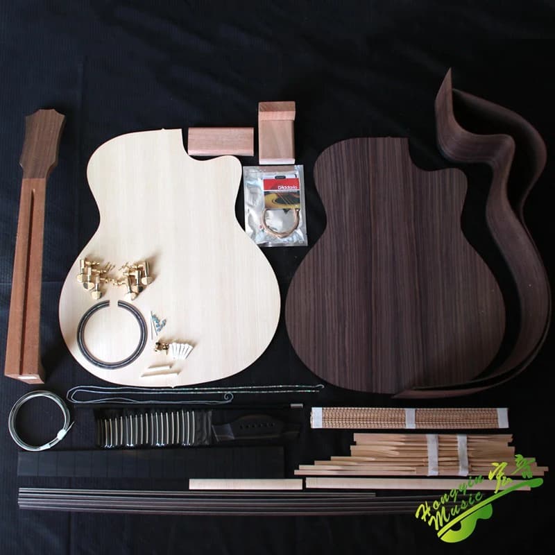 Kit fai da te per chitarra acustica di grado 3A, Top in legno massello di abete rosso + lato posteriore in legno massello di rosa indiano + collo in mogano africano + tastiera in ebano