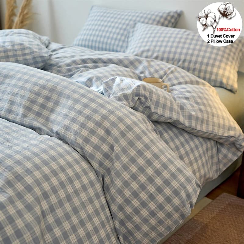 Set Copripiumino a Quadri 3 Pezzi, 100% Cotone Tinto in Filo Lavato, Morbido Traspirante Antipiega, Set Biancheria da Letto con Federe Decorative