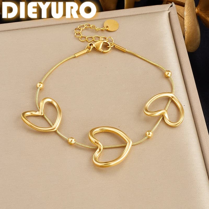 DIEYURO 316L Stainless Steel Golden Hollow Heart Beaded Bracelet Lady Romantic Love Classic Jewelry Valentine Gift For Women