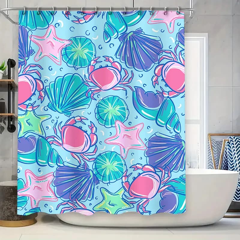 Set di tende da doccia Vibrant Underwater World, design conchiglia, granchio, stella marina, per l'arredamento del bagno