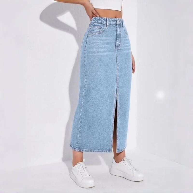Summer Female Chic Light Blue High Waist Skirt Hot Sale Lady Ins Fashion Front Slit A-line Jeans Skirts Girls Korean Denim Dress