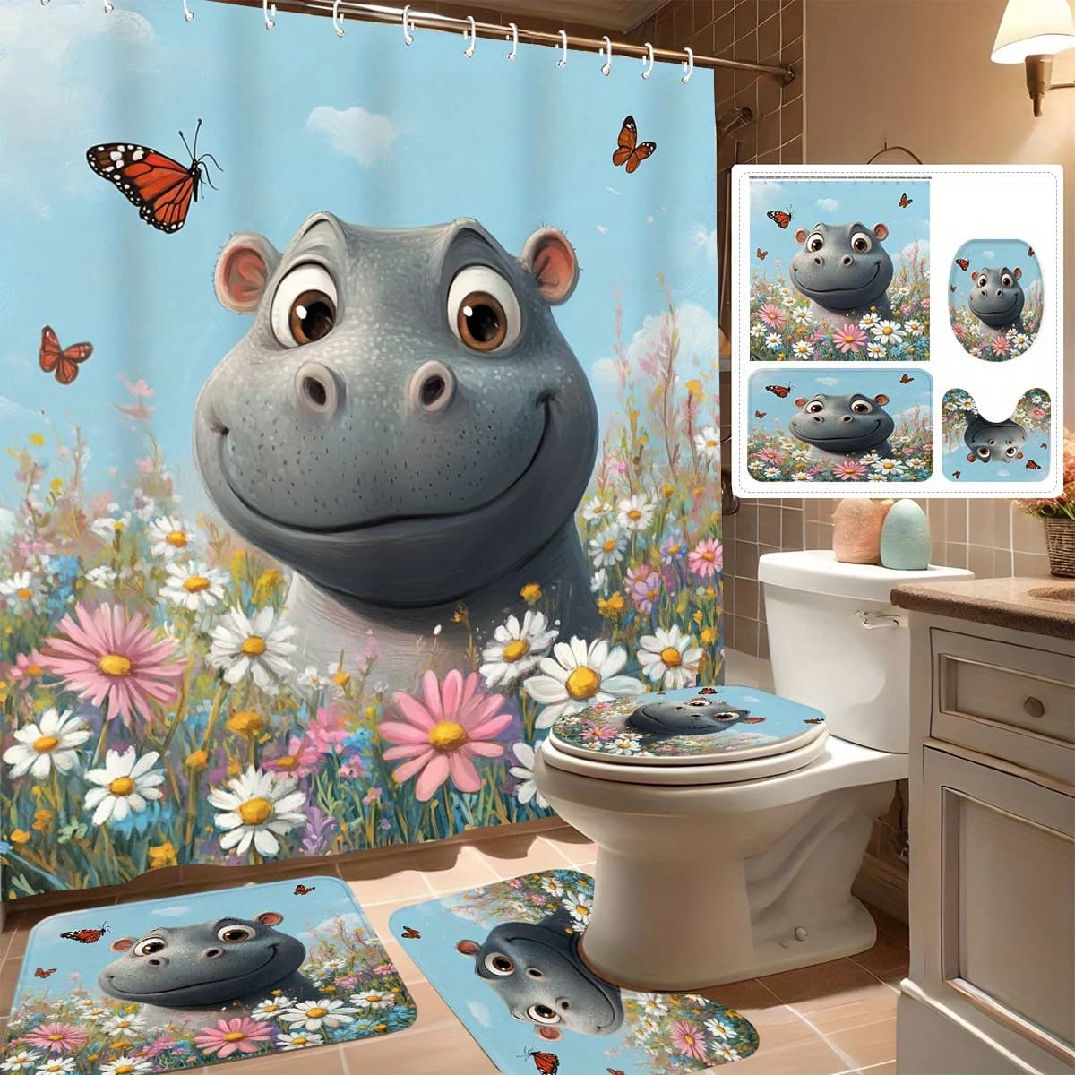 Set tenda da doccia 4 pezzi, simpatico ippopotamo dal design floreale, arredamento moderno per il bagno, include 12 ganci, tappetino da bagno antiscivolo, a forma di U