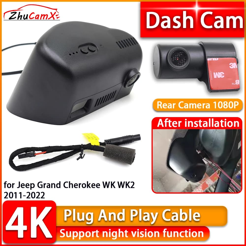 Wiifi 4K Dash Cam for Jeep Grand Cherokee WK2 2011-2022 2160P DVR Front Camera Rear Plug and Play Video Recorder Night Vision