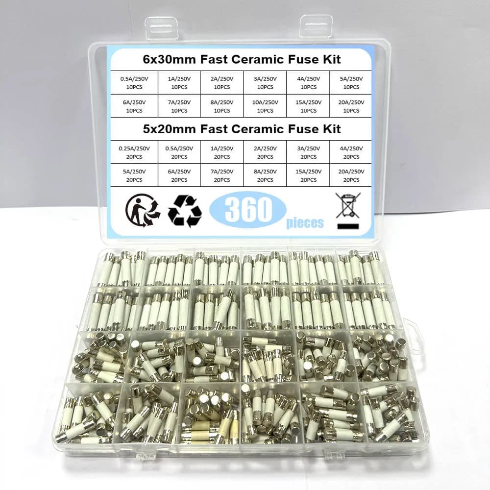 360pcs 24 types 5*20mm 6*30mm Ceramic Fuse Combination Box 250V 0.25A 0.5A 1A 2A 2.5A 3A 4A 5A 6A 8A 10A 15A 20A
