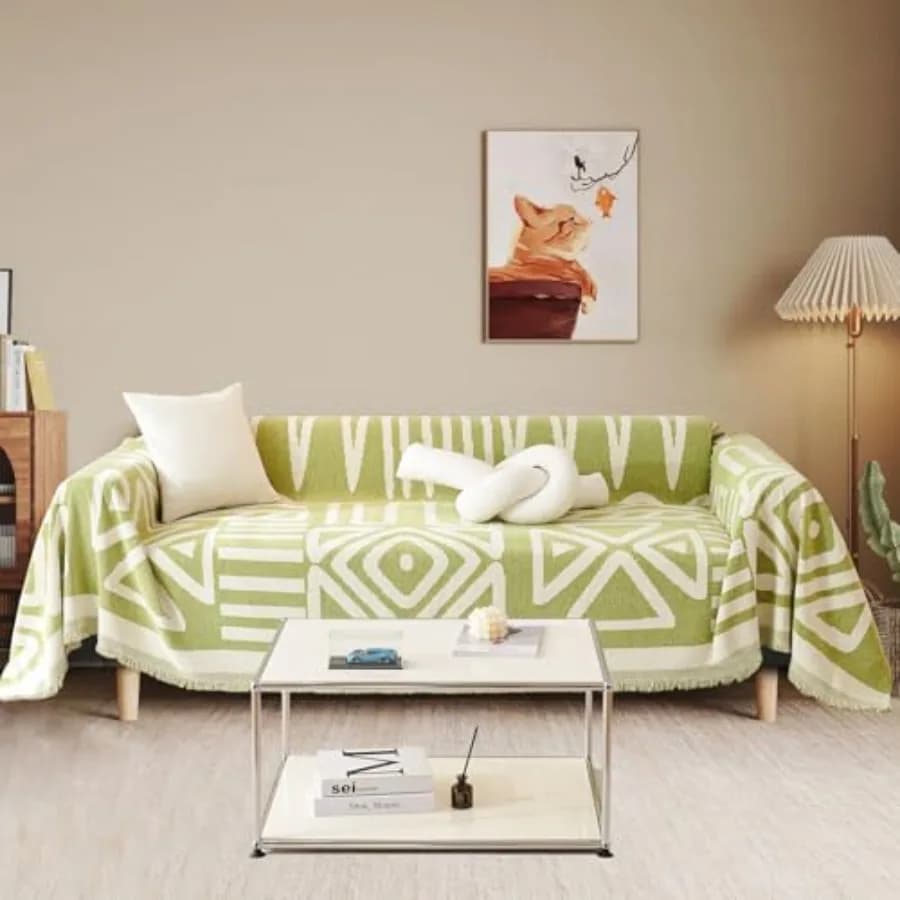 Copridivano in ciniglia 71" x 134" stile boho reversibile con motivo geometrico verde, copridivano multifunzionale con nappe