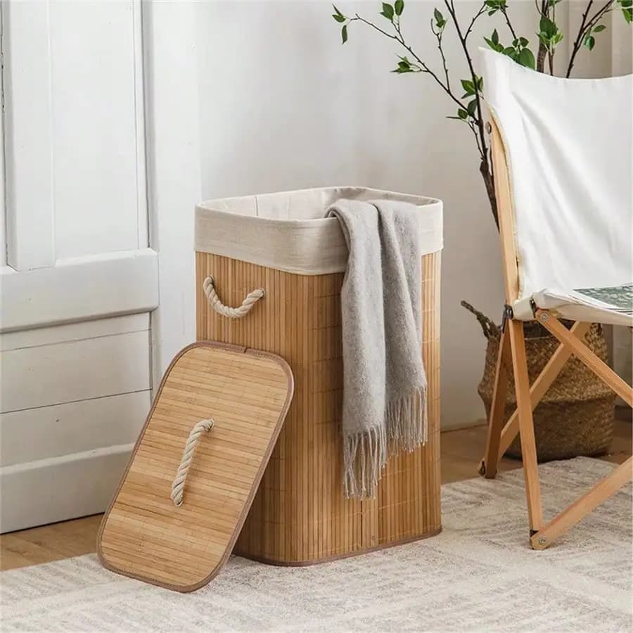 Bamboo Laundry Basket Rustic Nordic Laundry Hamper Natural Bamboo Slat With Rope Handles Foldable Design Removable Liner Bag With Lid For Bathroom Bedroom Laundry Room Toy Storage