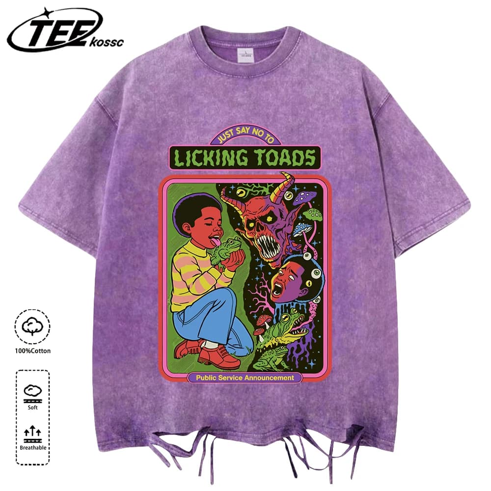 Licking Toadsprint Washed Holes T-Shirt Male Summer New Vintage T-Shirts Cotton Soft Short Sleeve Unisex Hip Hop Clothing