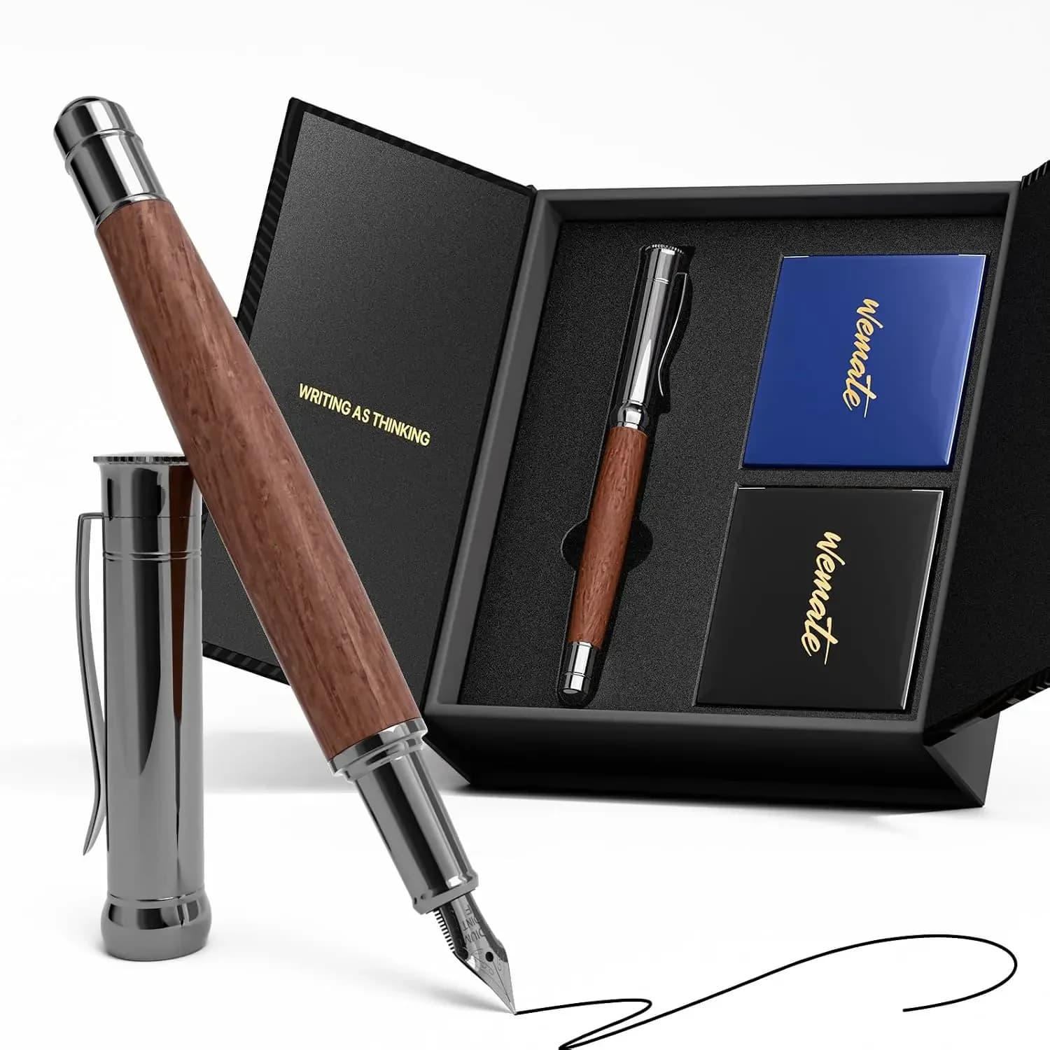 Luxury Wooden Fountain Pen Set - Fine Nib, 20 Ink Cartridges, Gift Box for Writing & Calligraphy