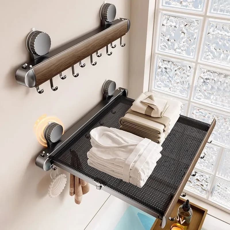 HeMu No Drill Suction Cup Bathroom Towel Rack,Retractable Mesh Drying Shelf with Multi Hooks for Washcloth Socks Storage