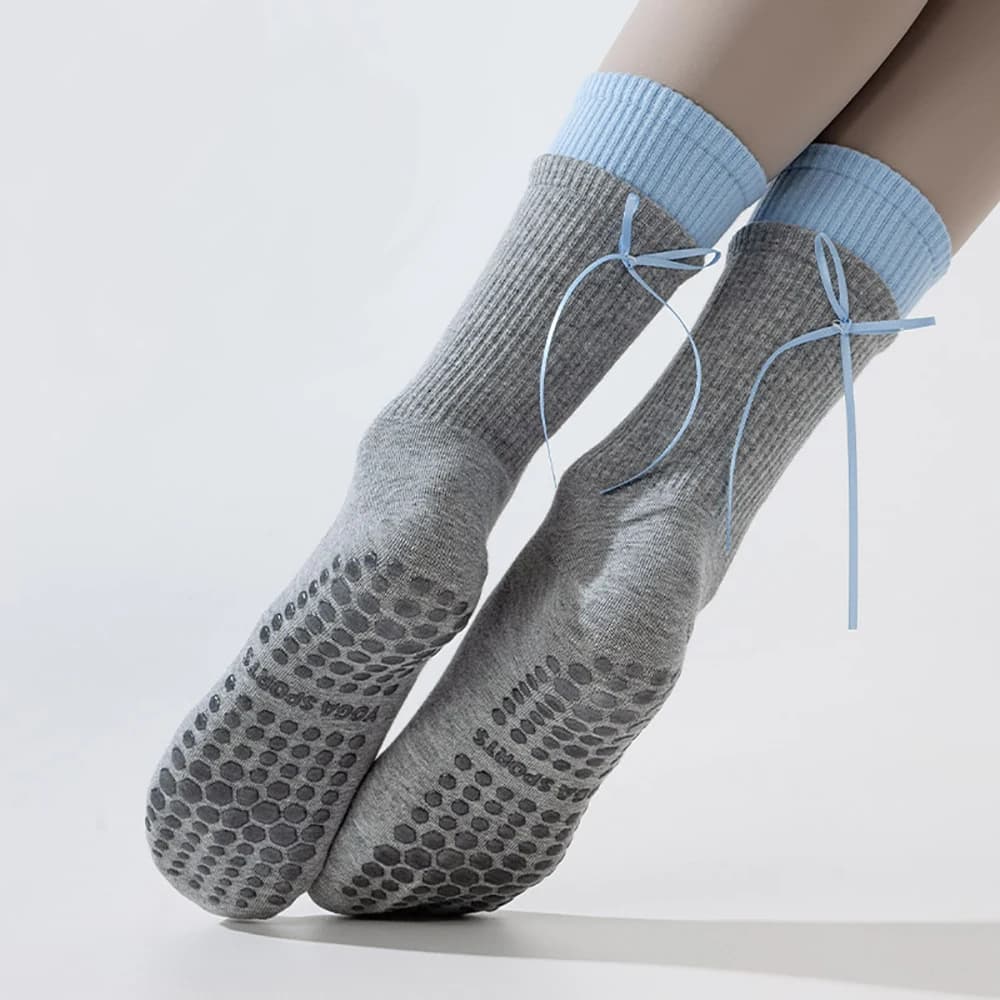 Trend Double Stack Yoga Socks Bowknot Ribbons Indoor Anti Slip Soft Breathable Fabric Women's Calf Socks Pilates Exercise Socks