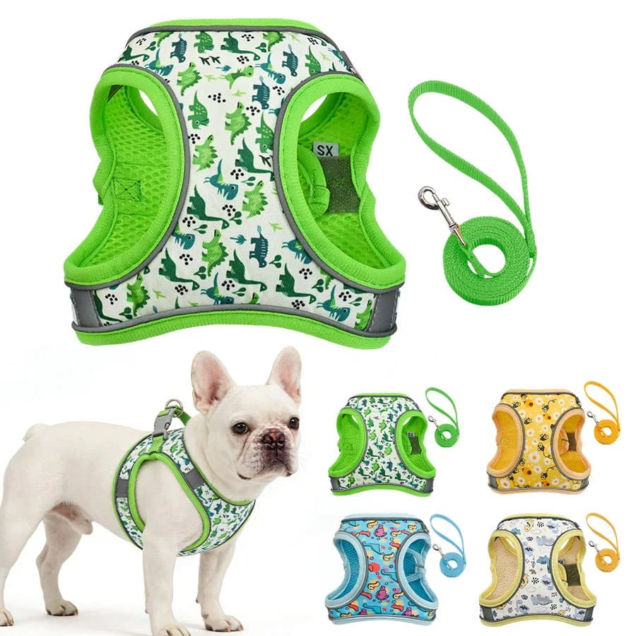 Il set di pettorina e guinzaglio DH009Cartoon-Dog presenta un design a rete a nido d'ape traspirante per prevenire il surriscaldamento e la sudorazione.