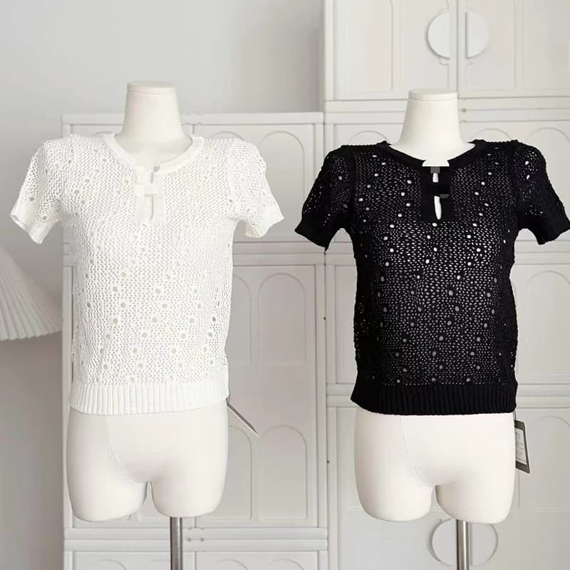 Top in maglia scavata ricamati Maglione slim fit Maglieria moda coreana Camicie nere a maniche corte