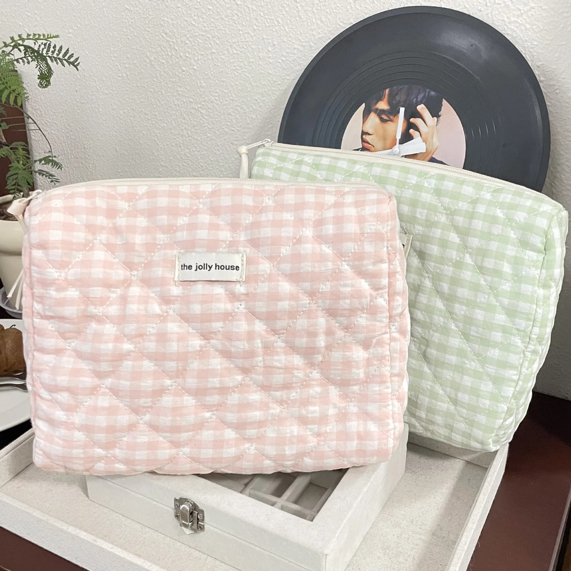 Pink Green Plaid Quilted Cotton Makeup Bag Large Capacity Korean Ins Cute Portable Cosmetic Storage Wash Bag