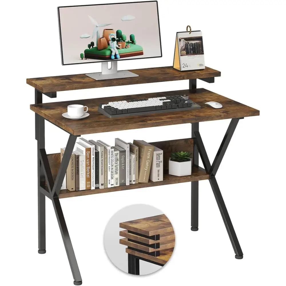 Piccola scrivania, scrivania per computer da 27,5 pollici per piccoli spazi, scrivania per computer con supporto per monitor regolabile, scrivania compatta con