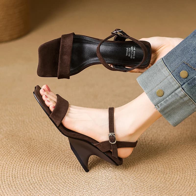 2026 summer women sandals natural leather plus size 22-25.5cm kid suede+sheepskin+pigskin ankle-buckle high heel women shoes