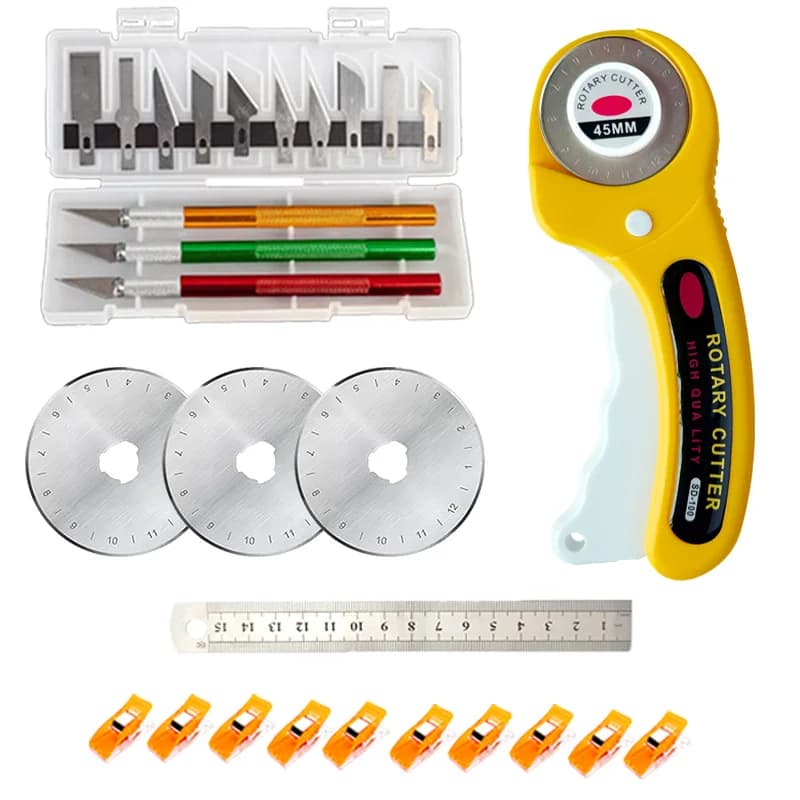 5-Piece Set 45mm Roller Fabric Cutter [Clip + 15mm Steel Ruler + Roller Knife + Replacement Blades + Carving Pen] with Carving Knife, Suitable for Sewing, Fabric Crafts, Patchwork, Journaling, Leather DIY Accessories