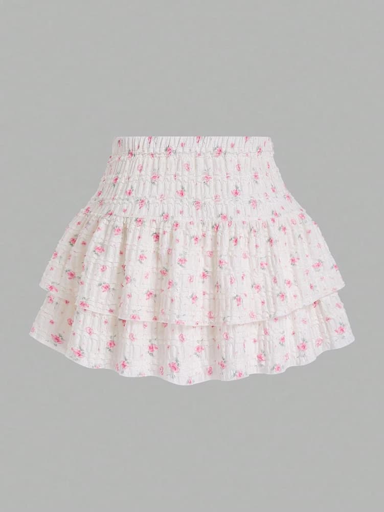 Plus Size Floral Print Tiered Mini Skirt, Textured Knit Elastic Waist Ruffle Cake Skirt, Sweet Casual Summer A-Line Skirt