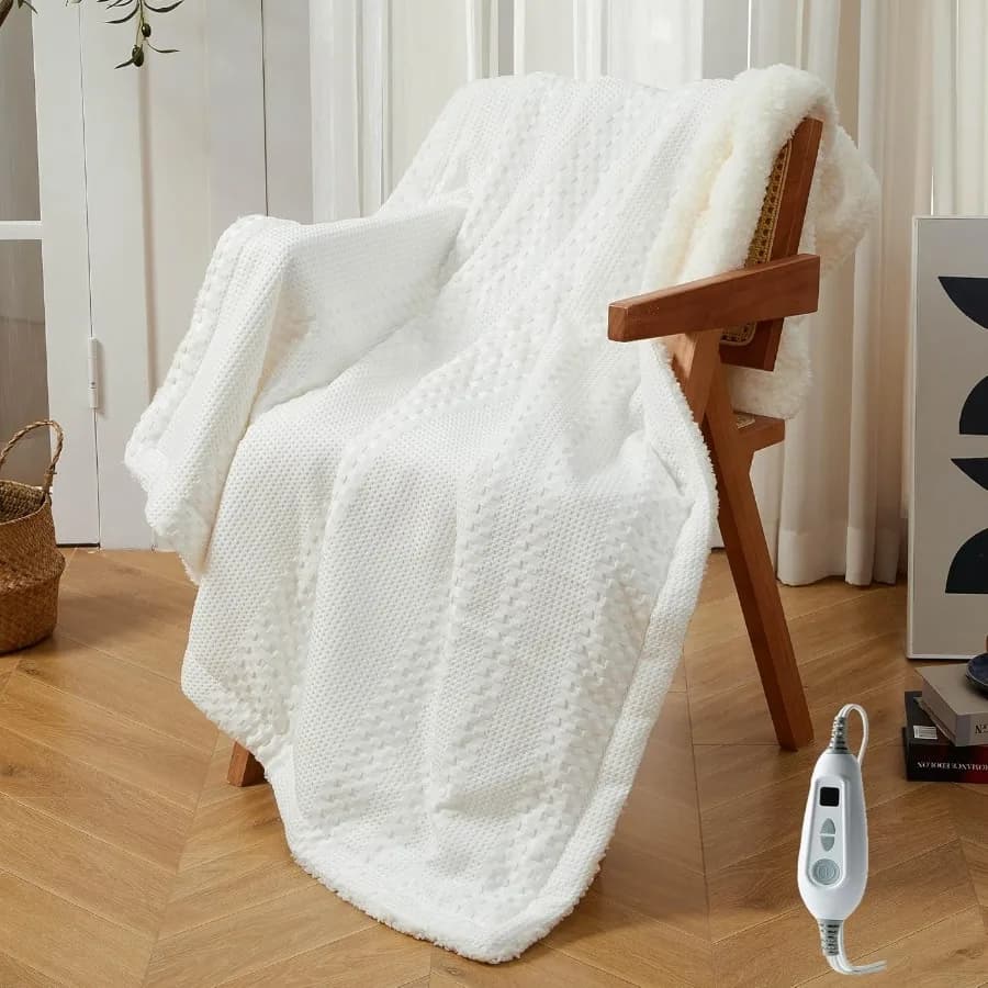Coperta riscaldata elettrica 50"x60" Tessuto morbido per waffle a Sherpa Riscaldamento con 6 livelli di riscaldamento 4 ore di spegnimento automatico della macchina