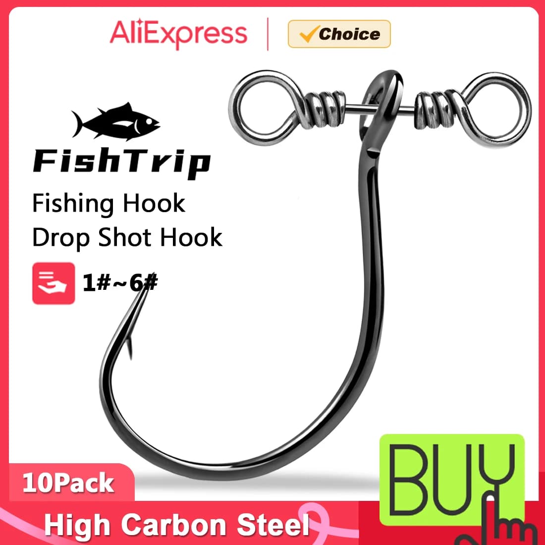 FishTrip 10Pcs Drop Shot Hook Swivel Soft Lure Fishing Hook for Bass Fishing Accessories