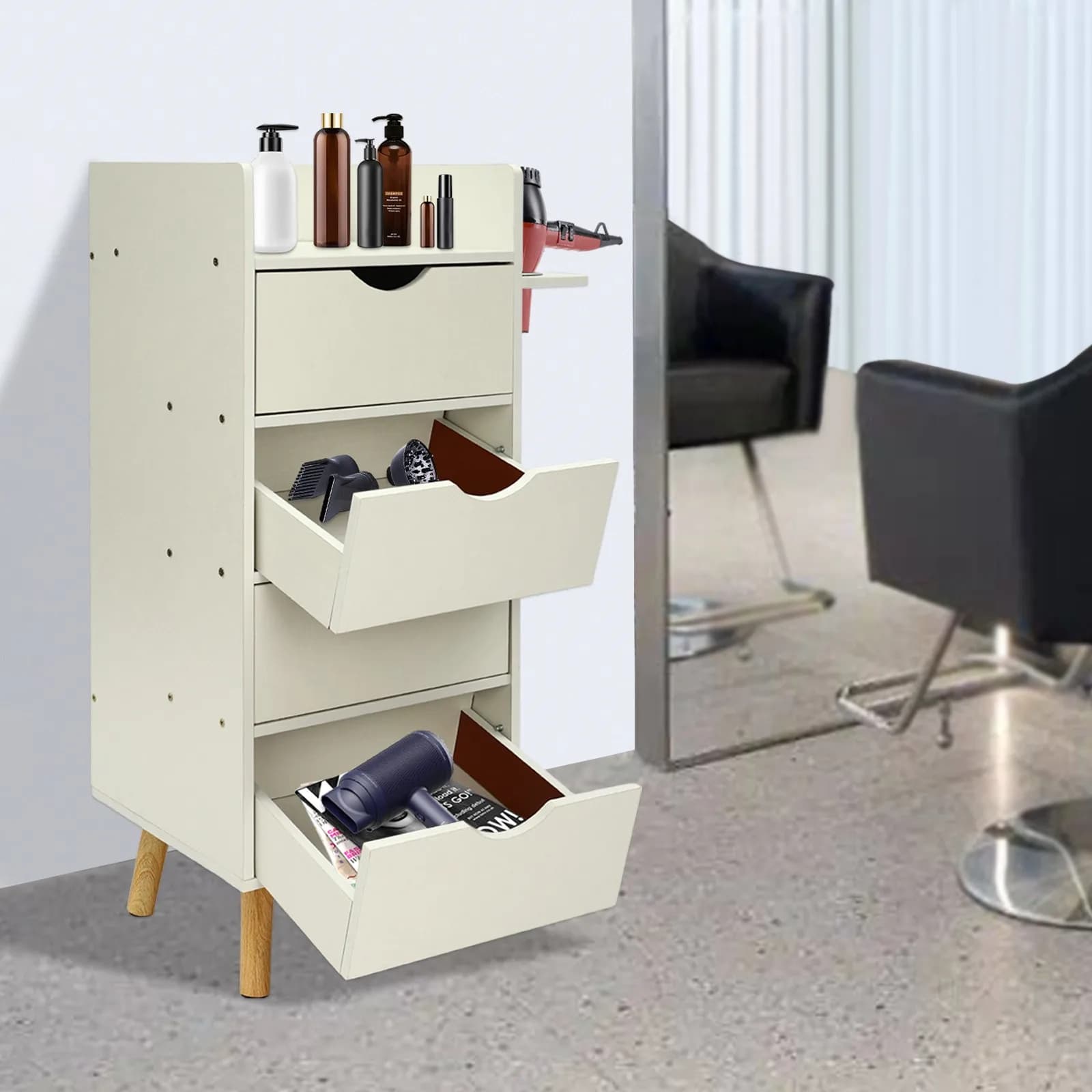 White cabinet with 4 drawers for beauty salons and hairdressers with supports for hair dryer, modern styling station