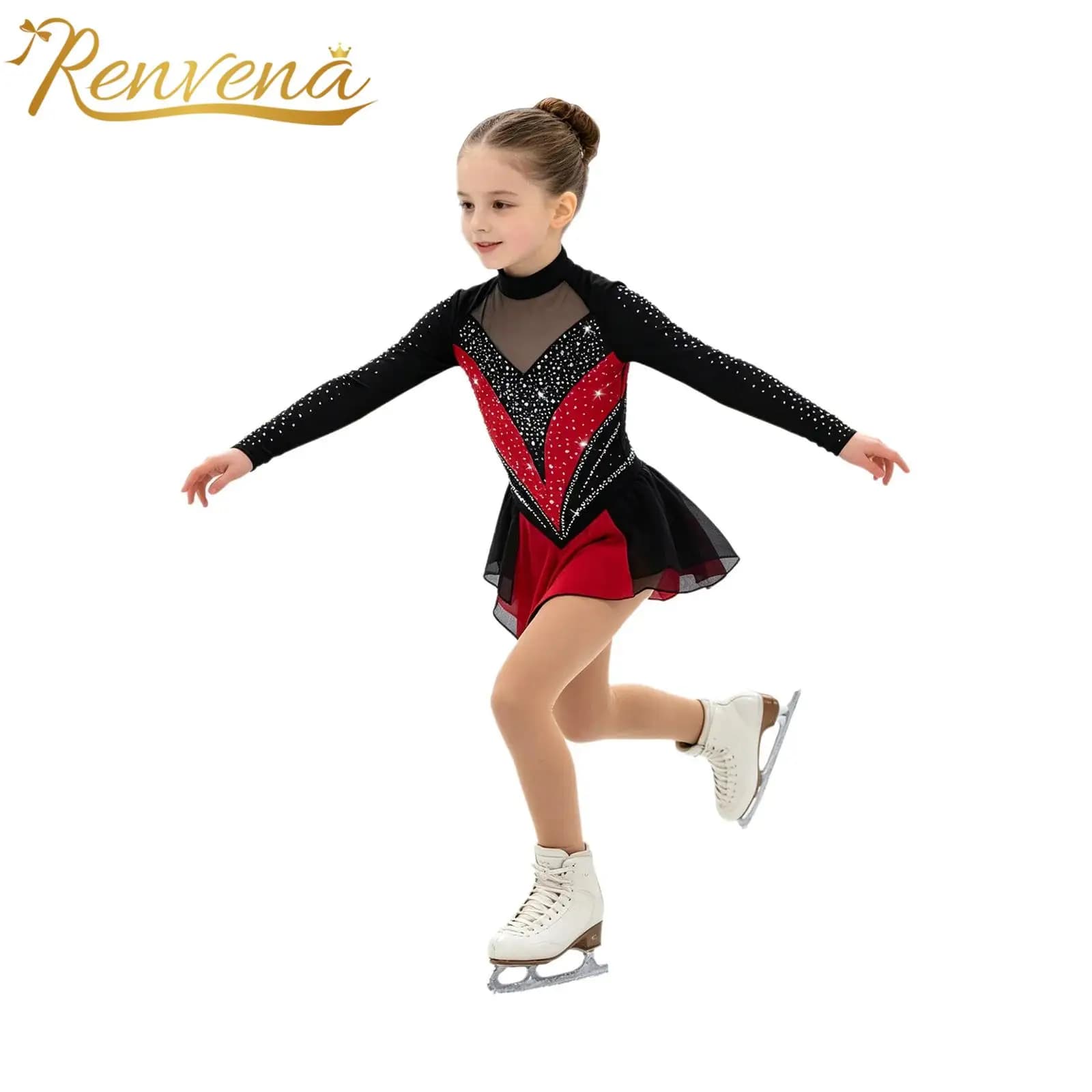 Kids Girls Figure Ice Skating Costume High-Low Hem Tutu Skirt Latin Jazz Lyrical Dance Dress Stage Performance Ballerina Outfits