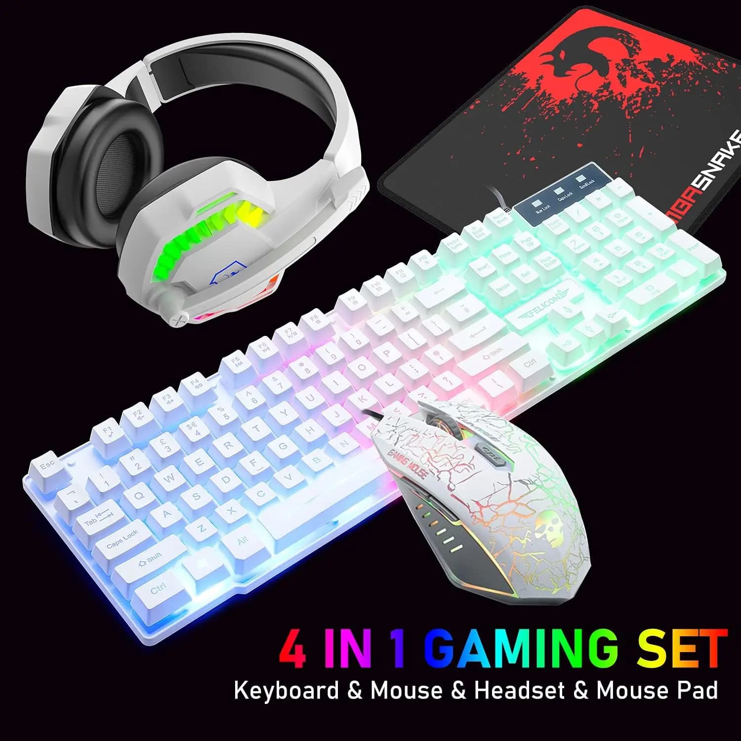 MAMBASNAKE T11 UK 100% tastiera da gioco, mouse, cuffie e mouse pad set combinato tastiera retroilluminata arcobaleno, 2400 DPI 4 pulsanti USB cablato