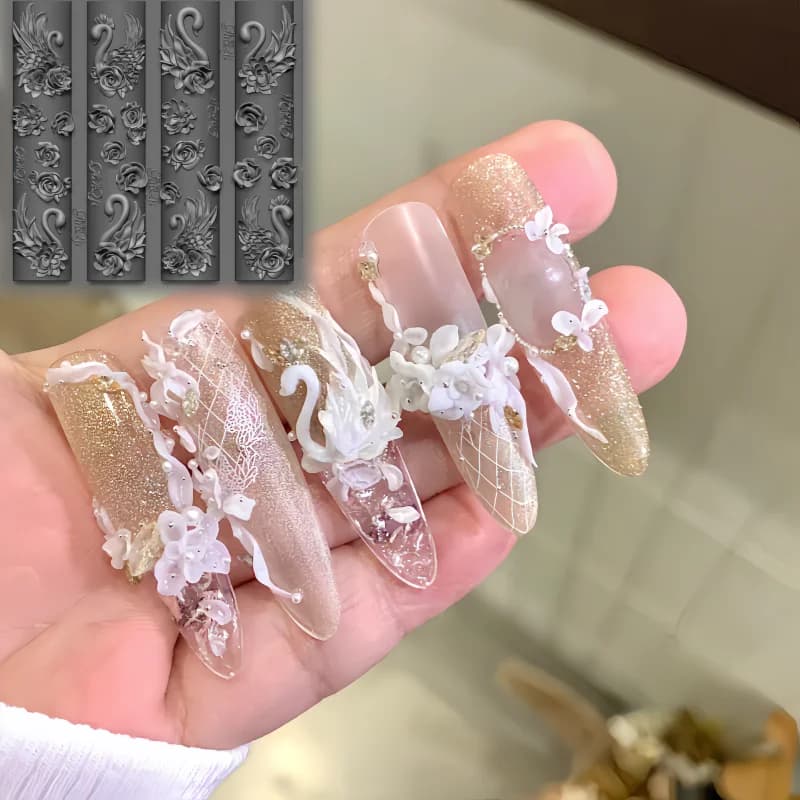 Elegant Swan Rose Bow 3D Flower Silicone Nail Mold Gauze Curtain Art DIY Nail Art Mould for Creative Beauty Crafts