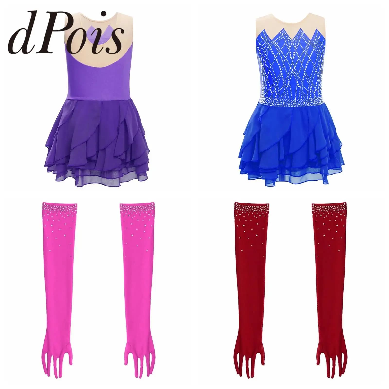 Bambini Balletto Pattinaggio su ghiaccio Costume Strass Ginnastica ritmica Dancewear Ragazze Maglia Pattinaggio di figura Vestito Body da ballo