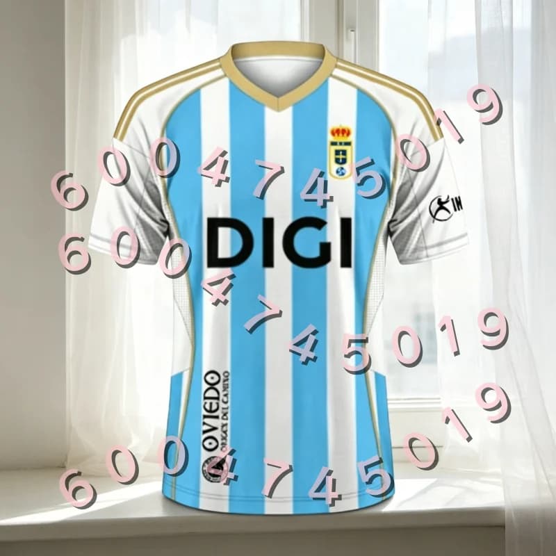 Maglia da Calcio Real Oviedo 2026 Home, Completo Coordinato Famiglia, Maglietta a Strisce Blu e Bianche, Abbigliamento Sportivo ad Asciugatura Rapida per Adulti e Bambini