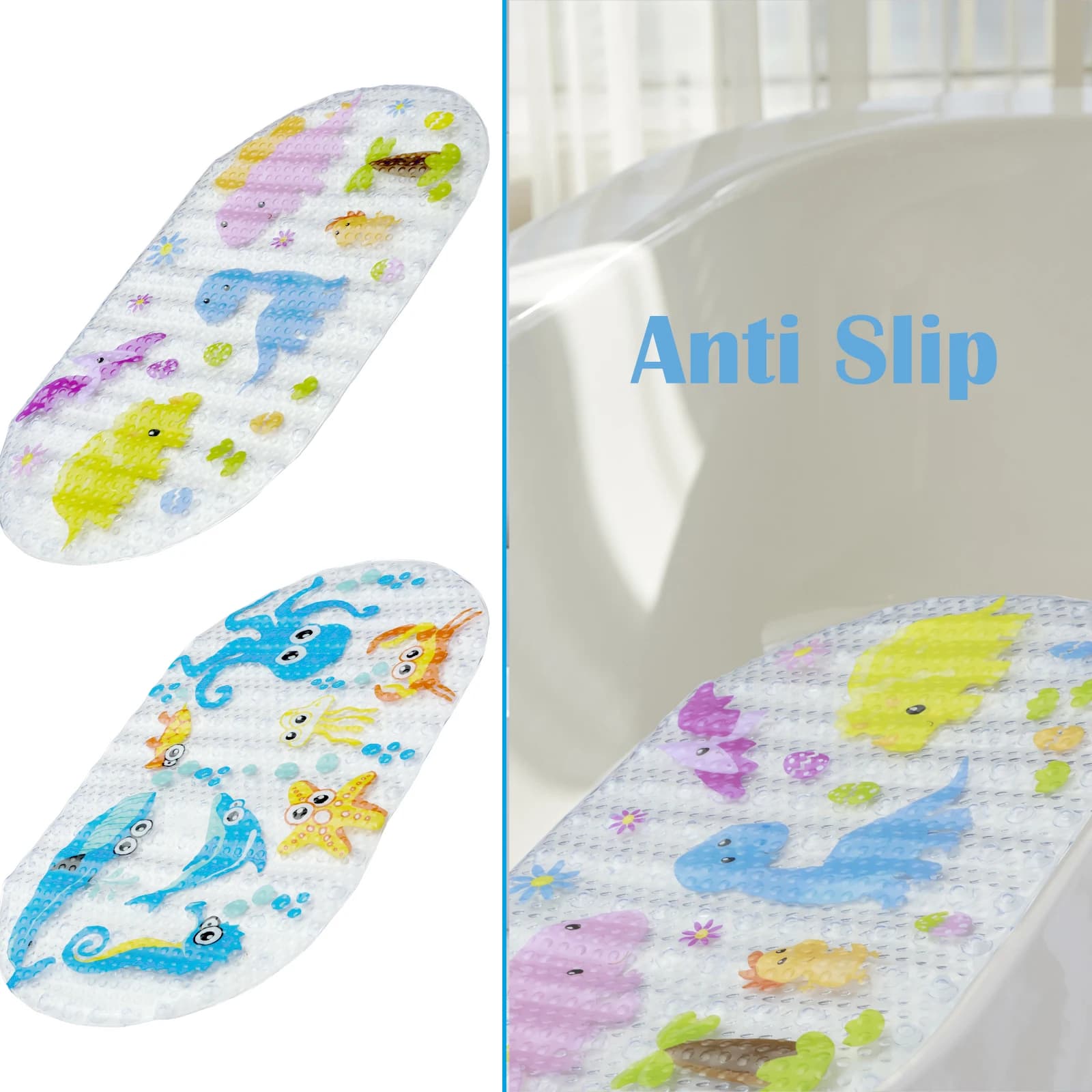 Tappetino da Bagno in PVC con Disegni Cartoon, Antiscivolo, con Ventose, 69x39cm, Ovale, per Doccia e Vasca, per Bambini e Casa