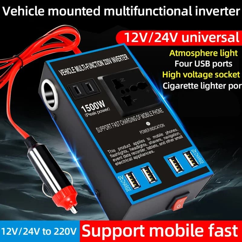 Power Converter for Auto DC 12V/24V to AC 110V/220V with 4 Smart USB Ports, Fast Laptop Charger, Camera and Road Travel