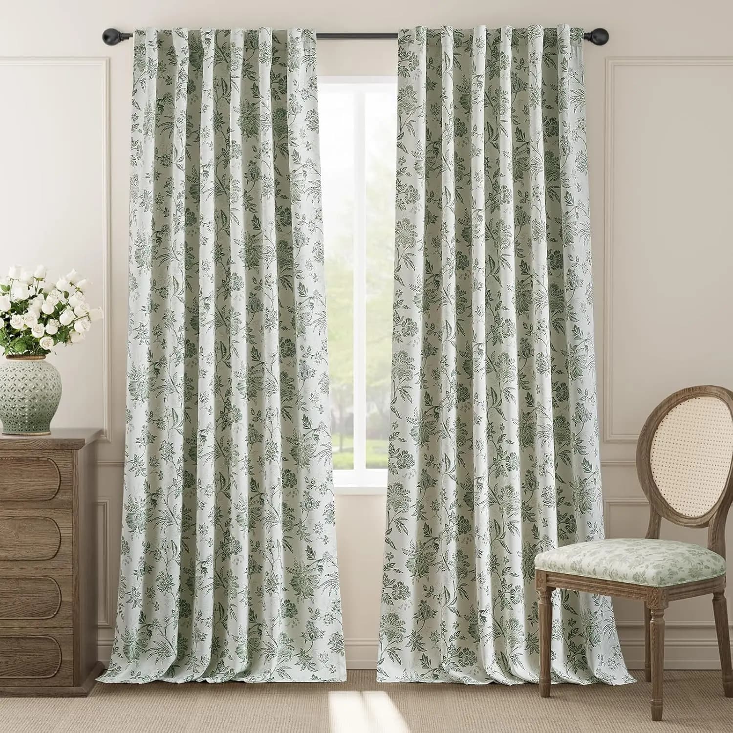 Tende Oscuranti Floreali per Camera da Letto, Lunghe 274 cm, con Passanti e Tasca per Asta, Set di 2 Pannelli Verde Salvia