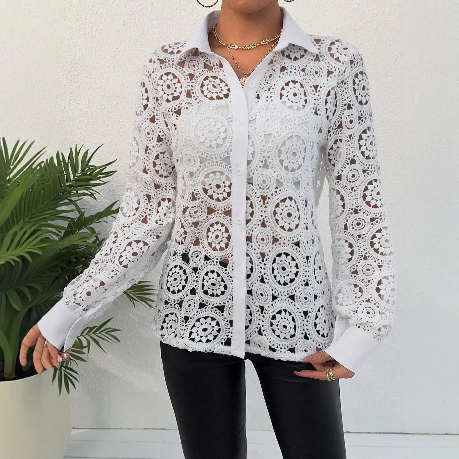 Elegant Long Sleeve Lace V-Neck Women's Shirt Spring New Style Independent Station Wish Best Selling Product Fashionable Casu...