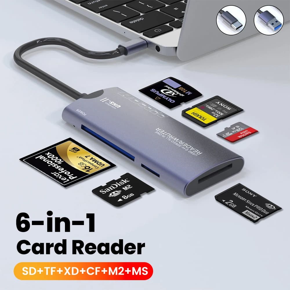 Lettore di schede di memoria USB 6 in 1 Lettore multifunzione di schede di memoria multiple di tipo C SD/TF/MS/XD/CF per accessori per PC portatili