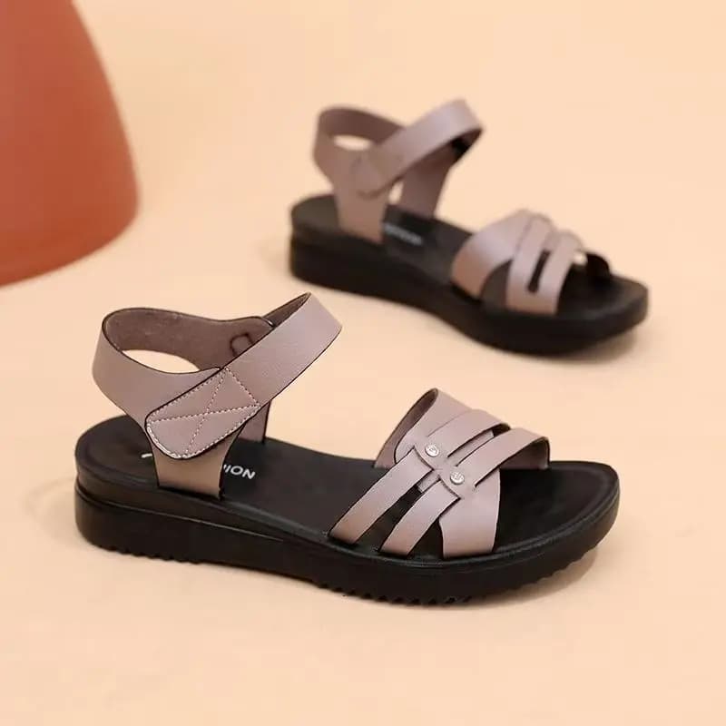 Sandalo da donna in pelle con punta aperta e suola piatta, nuovo sandalo estivo con suola spessa, antiscivolo, leggero e traspirante, in velcro