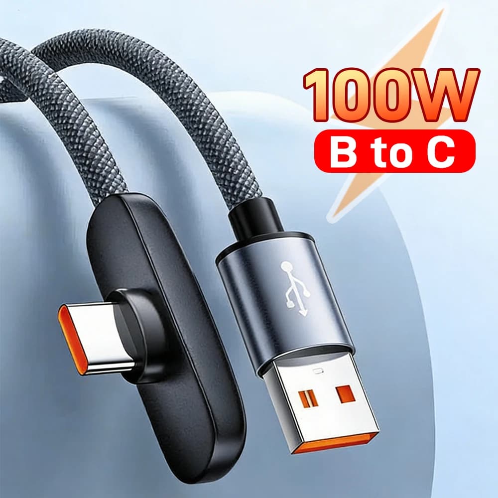 Cavo di ricarica rapida USB a tipo C da 100W 6A, cavo piatto 90 ° Cavo dati intrecciato ad angolo retto per smartphone, tablet e laptop