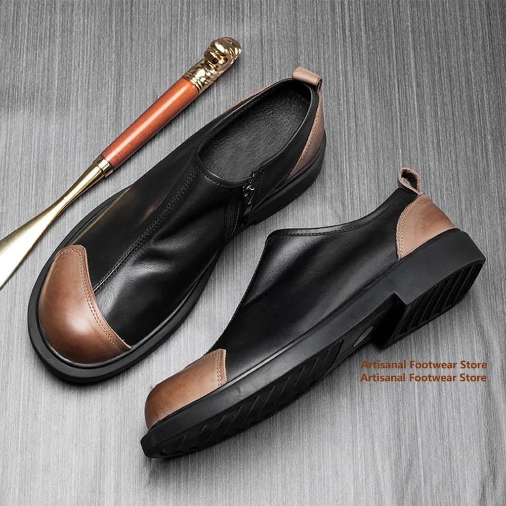 Two Tone Black Brown Leather Side Zipper Casual Shoes Men Slip On Low Top Loafers Round Toe Low Platform Men's Dress Flats