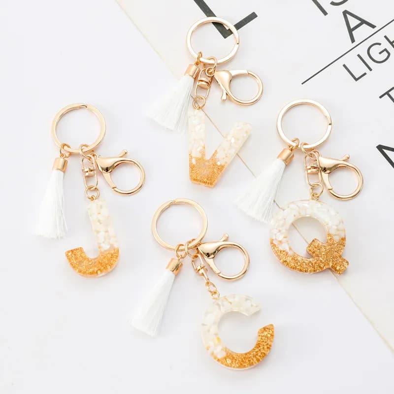 White Tassel Resin Keychain Crystal Epoxy Gold Foil Stone Keyring Fashion Bag Charm Jewelry Pendant for Women Daily Gift