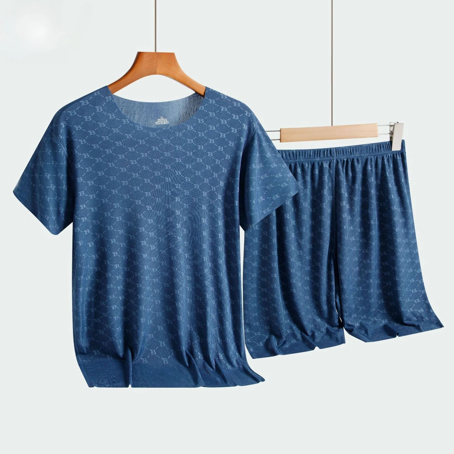Pigiama da uomo in modal stampato in seta ghiaccio, T-shirt a maniche corte e pantaloni sottili, set estivo 2 pezzi