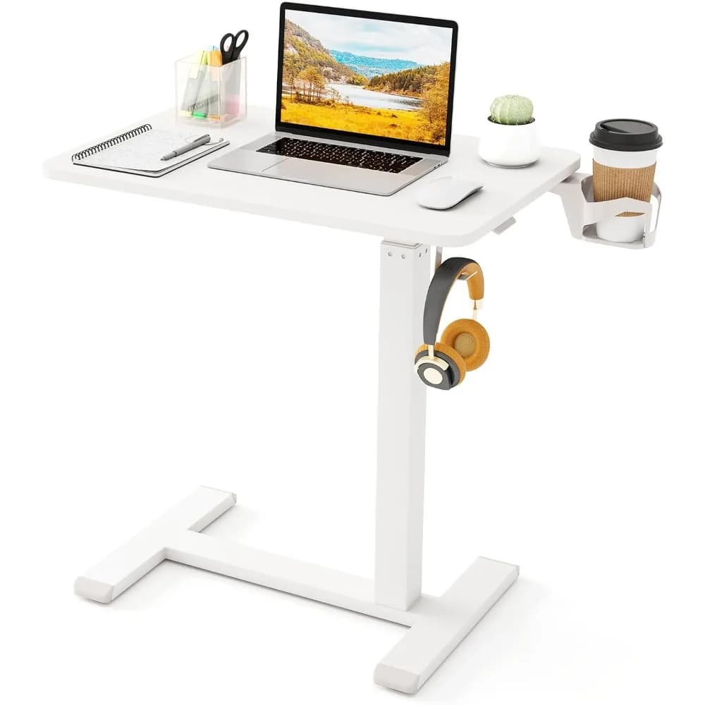 Scrivania Mobile Regolabile in Altezza, Tavolo con Rotelle e Supporto per Tazza e Gancio per Cuffie, Tavolino da Letto