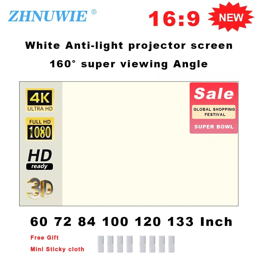 ZHNUWIE Schermo per proiettore Griglia bianca Anti-luce 16:9 Schermo per proiezione per la casa 72 84 100 120 133 pollici Panno riflettente portatile