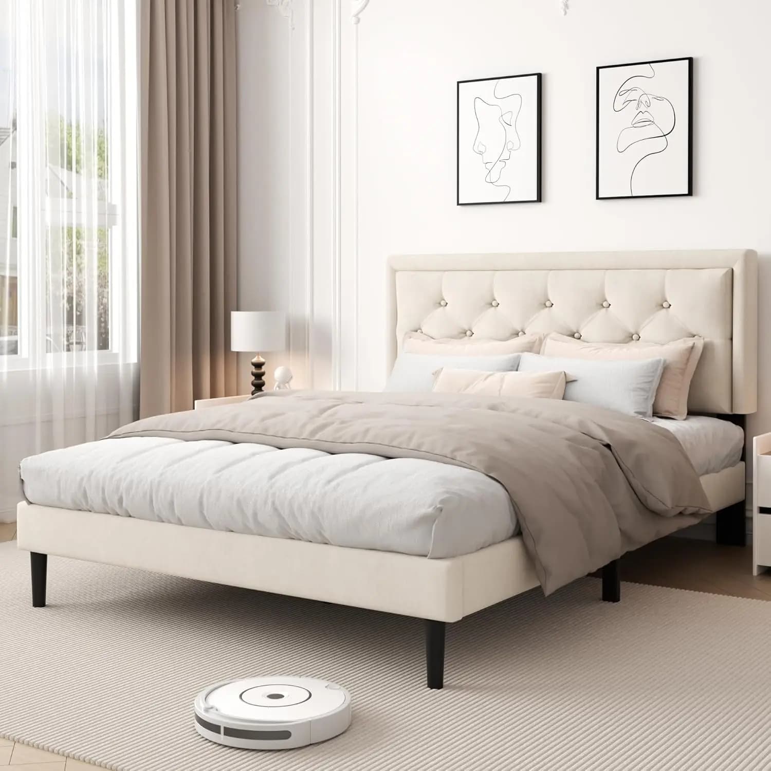 Double bed base with platform and headboard padded in velvet quilted with buttons, with wooden slats support (without mattress)