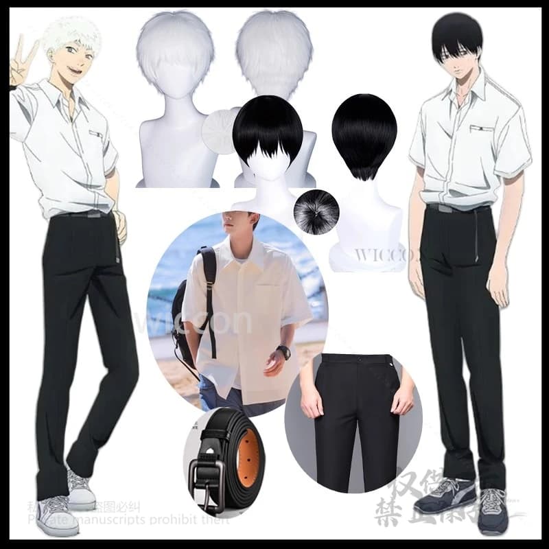 Summer Hikaru Died Cosplay Tsujinaka Yoshiki Hikaru White Black Wig T-Shirt Pants Uniform Student Belt Halloween Dress
