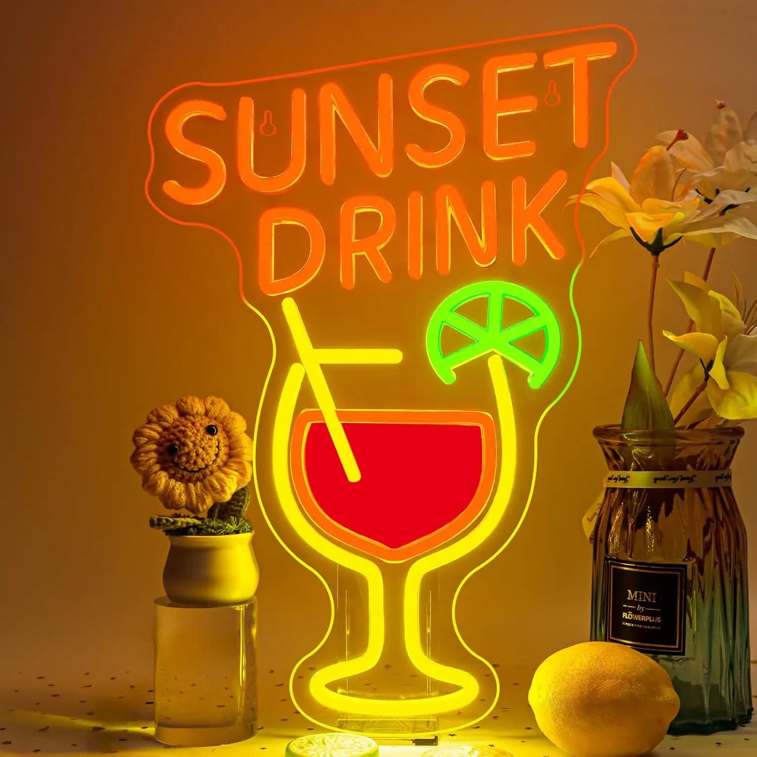 Insegna al Neon LED 'Sunset Drink Cocktail' Dimmerabile USB per Bar in Spiaggia, Patio, Casa, Feste Estive, Decorazione Murale per Camera da Letto, Regalo