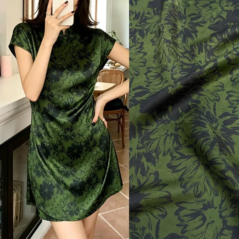 114CM Wide 26MM Black Floral Printed Hole-through Dark Green Hualuo Silk Fabric for DIY Sewing Summer Soft Dress Pajamas R6920